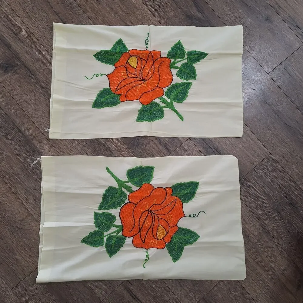 Vintage hand embroidered standard pillow case set of 2 orange flowers bedding